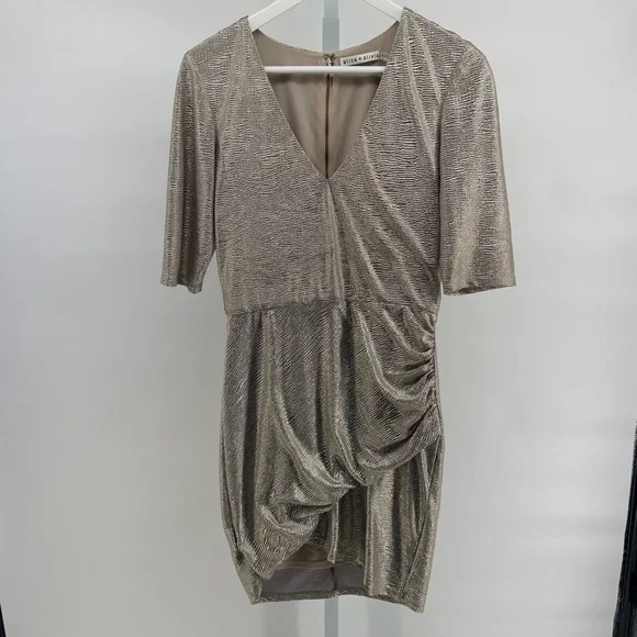 Alice + Olivia Judy Metallic Grey Gold V-Neck Wrap Mini Dress - Picture 3 of 7
